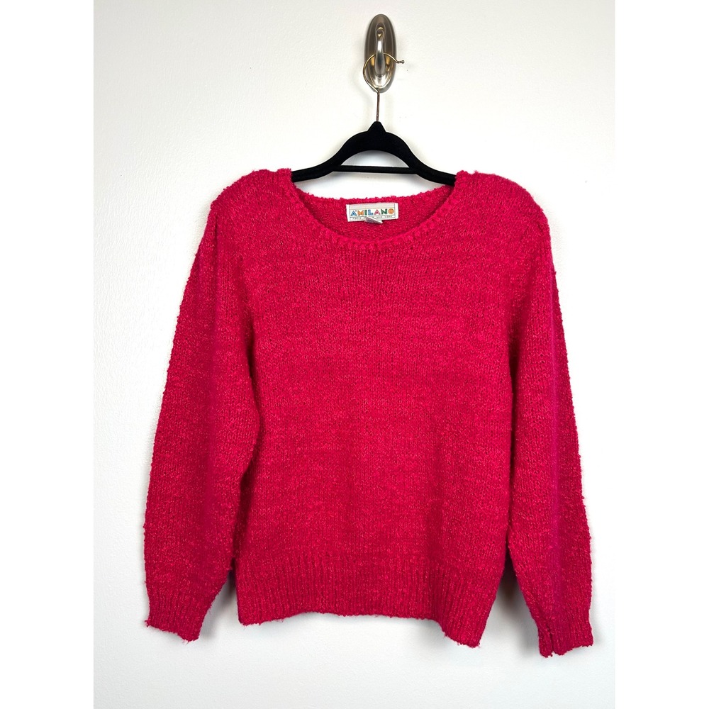 Vintage Hot Pink Boucle Knit Sweater Large Fuchsia Barbie 80s Retro Grandma